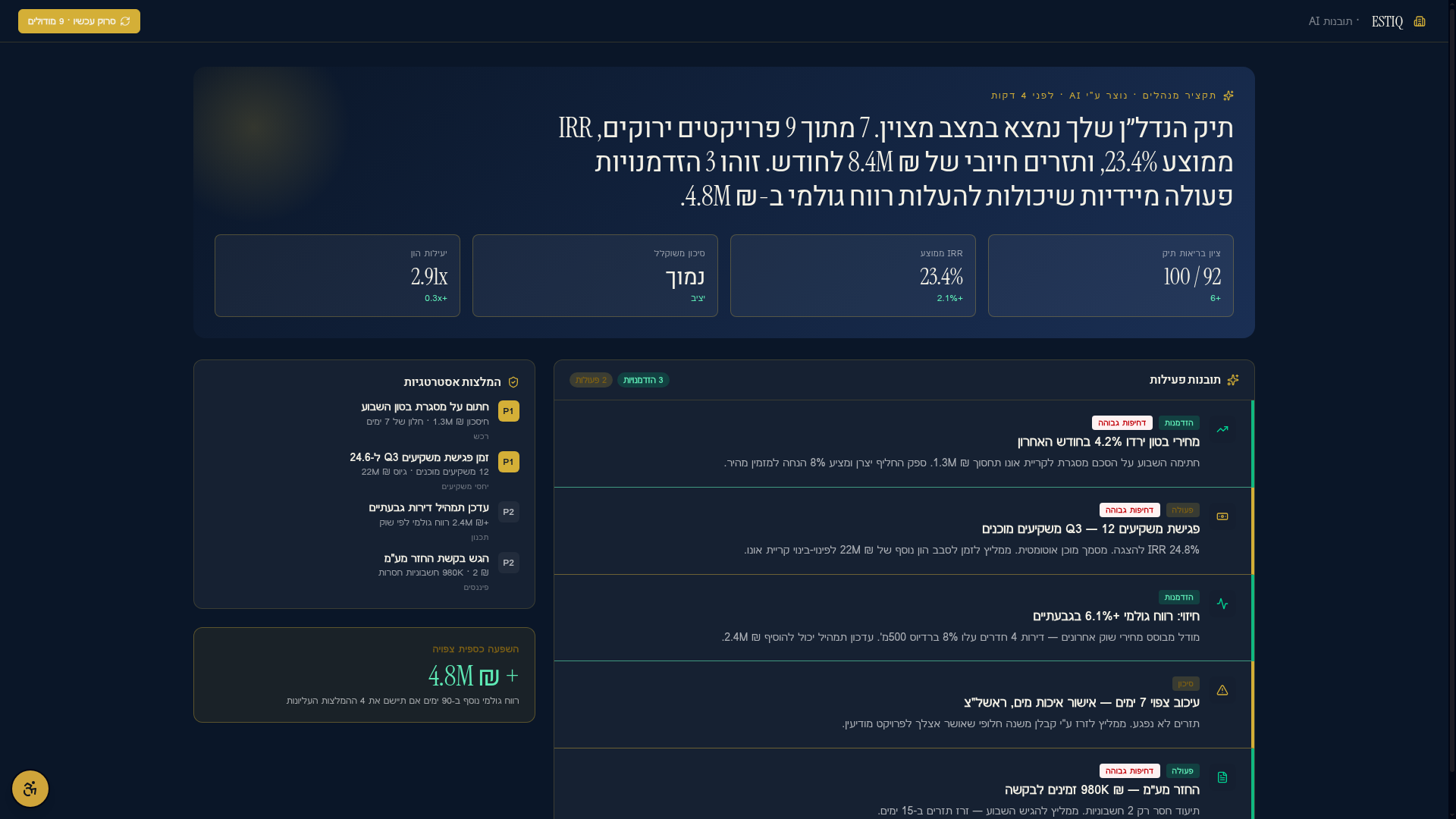 תובנות AI — צילום מסך אמיתי מתוך ESTIQ